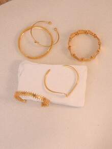 Minimalist Ins Style Gold Bangle Set, Embossed Round Disc Twisted Smooth Surface Bracelet, Blogger Style Accessory, Sleek High-End Design - Gold - View 2