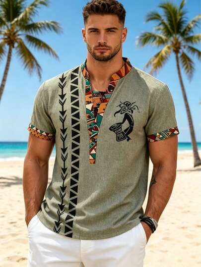 Men's Printed Short Sleeve Henley Shirt, African Pattern V-Neck Stand Collar Casual Top