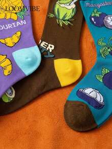 3 Pairs Unisex Tropical Durian Coconut Mangosteen Fruit Cartoon Jacquard Mid-Calf Socks, Sweat-Absorbing Odor-Resistant Anti-Slip Durable, Colorful Contrast Fresh Summer Casual Mid-Calf Socks, Suitable For Daily Commute, Summer Outfits, Fruit Lover Fun Gift - Multicolor - View 3