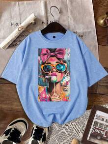 All-Day Wear Fitted Short Sleeve T-Shirt, Vintage Distressed Acid Wash Top Casual Summer - Dusty Blue - View 2