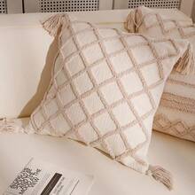 1個幾何條紋刺繡抱枕套，極簡Ins風聚酯纖維雪尼爾面料圈紗刺繡枕套，適用於客廳臥室沙發汽車枕頭更換套，居家裝飾 - 米色網格 - 查看 4