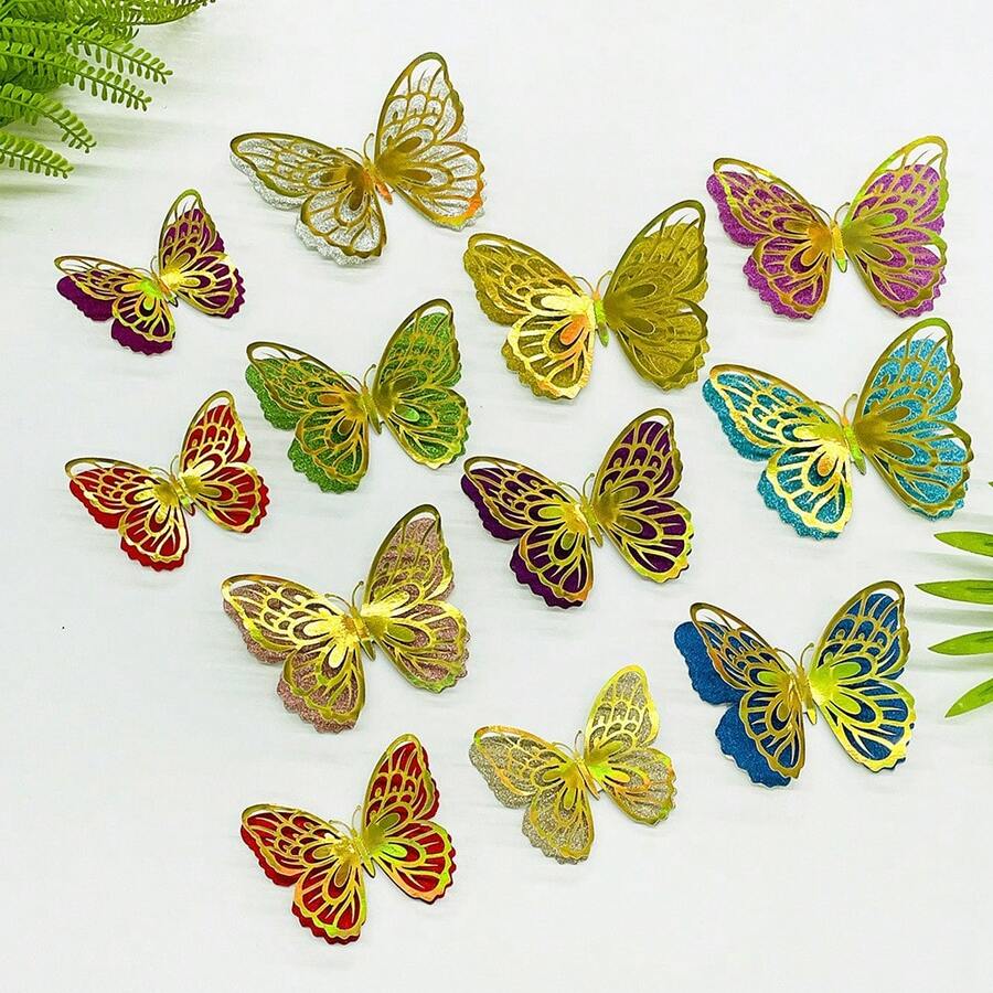 Minimalist 3D Hollow Butterfly Wall Stickers, Butterfly Shaped Wall Decals, Multiple Color Combinations, Self-Adhesive, Reusable Wall Decor, Party Decoration, Bedroom Decoration, Living Room Decoration, Mural Decoration, Wedding Decoration, Home Decor, Balloon Decoration, DIY Gift Decoration - Multicolor - View 1
