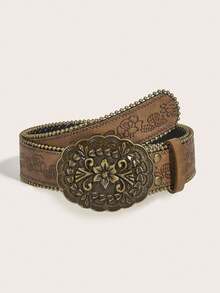 1pc Bohemian Gold Trim Floral Print Vintage Belt, Suitable For All Seasons, Can Be Worn With Coats, Dresses, Jeans Summer, School Fall, Autumn, Halloween - Brown Leather Belt - View 13
