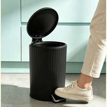 0.8 Gallon 3L Matte Black Vertical Striped Step Trash Can, Hydraulic Quiet Soft-Closing Metal Waste Basket With Side Trash Bag Hook And Removable Inner Bucket, Odor-Proof Mini Trash Can For Bathroom Vanity And Bedroom - View 4