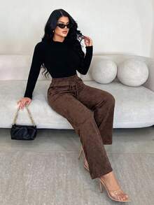 Brown Solid Textured Elastic Drawstring Wide Leg Long Pants With Double Patch Pockets High Waist Loose Floor-Length Casual Pants For Women - Coffee Brown - View 3
