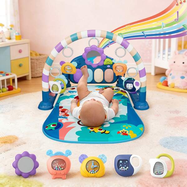Alfombra de juego para bebé, gimnasio para bebé, piano de juego divertido para tiempo de barriga, alfombra de gimnasio de actividad para bebé con 5 juguetes sensoriales de aprendizaje para bebé, música y luces, regalos para niños y niñas recién nacidos de 0 a 3, 6, 9 y 12 meses, regalos de Halloween para juguetes de bebé