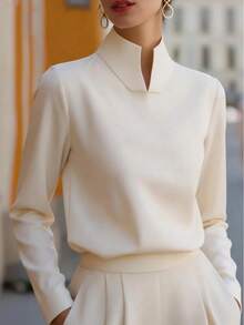 Elegant Long Sleeve Stand Collar Blouse, Minimalist Design, Suitable For Office And Formal Occasions - Apricot - View 1