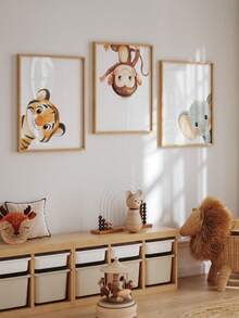 3 piezas de arte de pared enmarcado en lienzo para guardería, animales en acuarela, tigre lindo jugando al escondite, mono colgante y elefante asomándose, impresiones de arte, decoración de guardería estilo bohemio en tonos neutros, obra de arte enmarcada lista para colgar, adecuada para dormitorio de niños pequeños, sala de juegos, guardería, también como regalo de baby shower, regalo de pequeño tesoro, arte con tema de aventura y naturaleza, estética de tonos suaves, decoración de acento moderna y caprichosa para habitación infantil - Multicolor - Ver 5