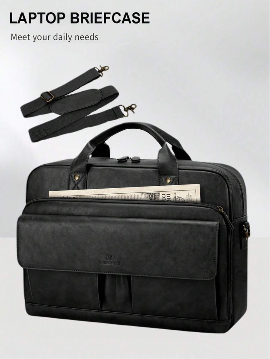 Men Laptop Bag PU Leather 15.6 Inch Briefcase Vintage Computer Satchel Shoulder Bag Work Business Office Black Document Organizer Padded Sleeve - Multicolor - View 1