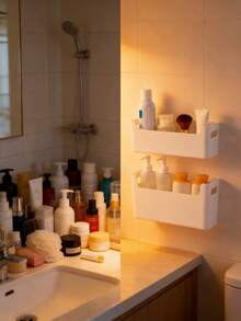 1/2 Packs No Drill Self Adhesive Wall Mount Plastic Storage Basket, Free Double Sided Adhesive Sticker Included, Punch Free Hanging Bathroom Cosmetic Organizer Caddy For Shower Kitchen Toiletries - White - View 6