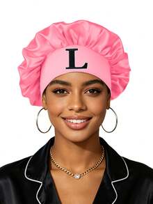 Satin Bonnet For Women, Silk Night Sleep Cap With Embroidered Letter Patches, Elastic Wide Band Hair Bonnet For Curly Hair Styling & Protection, Comfortable Loungewear Hair Wrap - Coral Pink - View 15