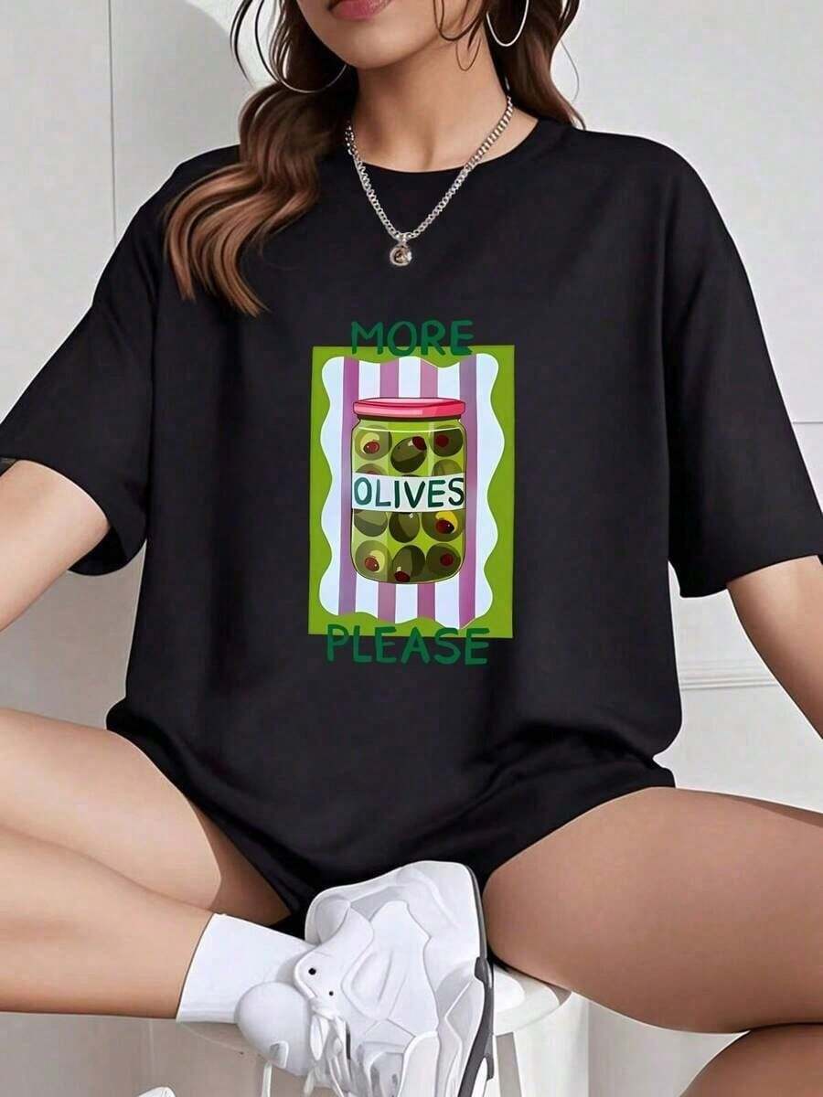 A Can Of Olives, Short-Sleeved, Showing A Youthful And Vibrant Style, Casual Round Neck T-Shirt, Soft Casual Short-Sleeved Top For Women, Streetwear For Summer. - 黑色 - 查看 1