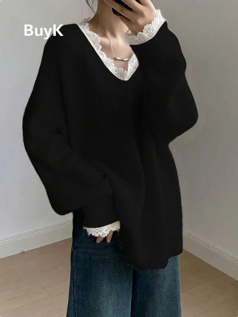 Plus Size [Tops]BuyK Lace Patchwork V-Neck Knit Sweater, Spring/Autumn Loose Slouchy Long Sleeve Pullover, Casual Fashion Versatile All-Season Top Black - Black - View 1