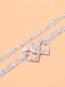3pcs Double Heart Rhinestone Anklets Full Rhinestone Sparkling Foot Jewelry Accessories - Silver - View 2