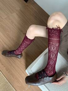 1/4 Pairs Women's Lace Eye Of Horus Fishnet Calf Socks, Ruffle Mesh Stacked Calf Socks, Y2K Transparent High Waist Long Tube Socks, Gothic Lolita Over-The-Knee Socks, Hollow Mesh Socks, Summer Breathable Transparent Calf Socks - Multicolor - View 9