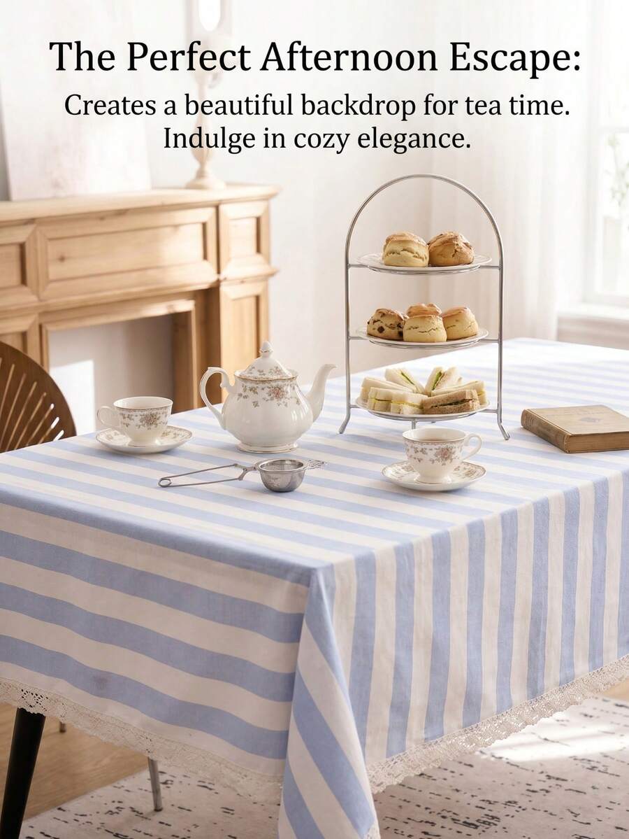 1pc Striped Lace Tablecloth, American Country Style Simple Decorative Dining Table Cloth, Rectangular Coffee Table TV Cabinet Entryway Multi-Functional Cover, Suitable For Holiday Gathering Birthday Party Wedding Dinner Table Decoration Room Decor Office Desk Coffee Table Mat Outdoor Picnic Mat Home Decor Room Decor All Seasons - Blue - View 1