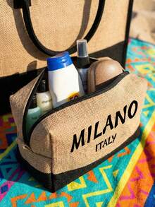黑色卡其色大容量托特包套組，印有「Italy Milan」卡通字母圖案設計，包含多功能包款：沙灘包、化妝包、小方包、手提包、帽子、太陽眼鏡、筆袋和盥洗包。適合婚禮、海邊度假和返校禮物，是假期和度假的理想選擇，也完美適用於日常使用。這是送給女性、母親、老師、朋友、伴娘、學生和返校季節的完美禮物。 - 彩色 - 查看 16