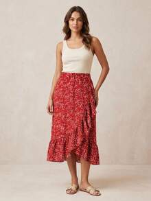 Women's Vacation Floral Patchwork Ruffle Hem Fashionable Skirt - Red - View 2
