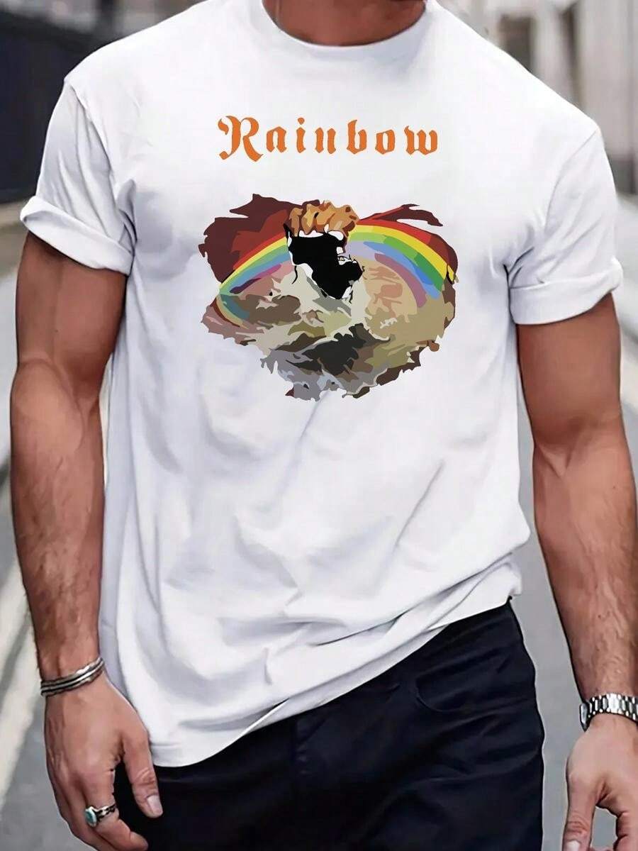 1 Piece Men's T-Shirt. Short Sleeve, 100% Pure Cotton, Casual Round Neck With Print, Breathable Short Sleeves For Everyday Wear, Masculine Rainbow Design - 白色 - 查看 1