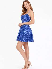Women's Short Floral Dress With Wide Straps, Fitted Waist, Lightweight, Casual - 寶藍色 - 查看 2