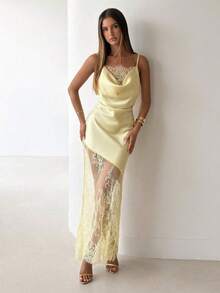 Vestido elegante de tirantes finos con escote pronunciado, bajo de encaje transparente y parches de encaje, para mujer - Blanco y Negro - Ver 5