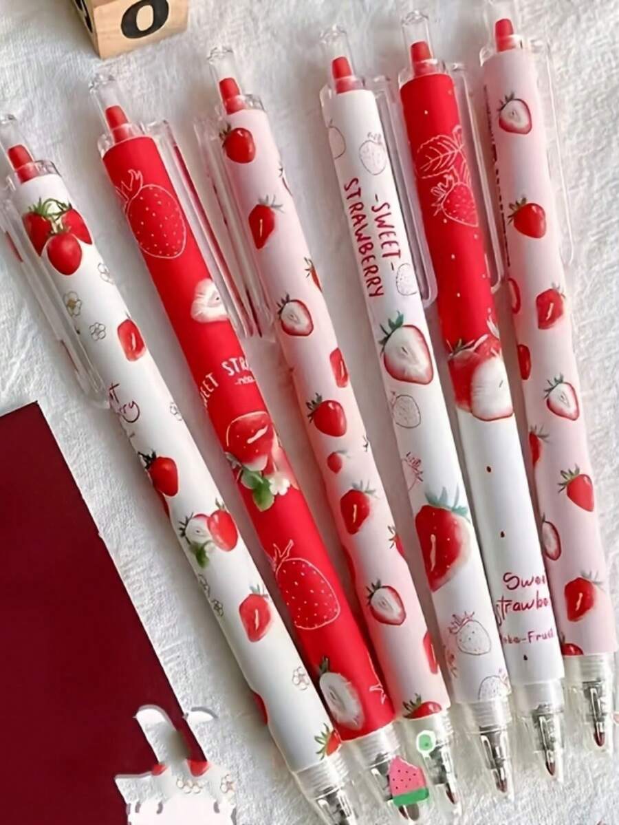 12 piezas/Set Bolígrafos retráctiles de tinta negra de 0.5mm con aroma a fresa – ¡Perfectos para escribir y dibujar! (6 bolígrafos + 6 repuestos)