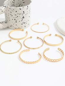 7PCS Ins Style Hammered Texture Arrow Pattern Exaggerated Personalized Twisted Open Cuff Bracelet Set, Fashion Versatile Layered Bracelets For Women - Gold - View 3