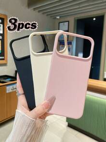 3pcs Solid Color Faux Leather Texture Waterproof Anti-Slip Anti-Fall Phone Cases, Matte Soft TPU Shockproof Protective Covers, Minimalist Aesthetic Dopamine Black / Pink / Cream White Phone Cases, Daily Use & Birthday / Valentine's Day / Mother's Day / Anniversary Gift Choice, Compatible With Iphone Case& Galaxy Case - Multicolor - View 3