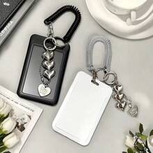 1pc Card Holder With Keychain - Cute And Practical Plastic Design, Suitable For Storing ID Cards, Credit Cards And Keys - Black And White Heart Pendant, Durable And Fashionable Women's Accessory - Heart-shaped Pendant + Spring + Card Holder - View 7