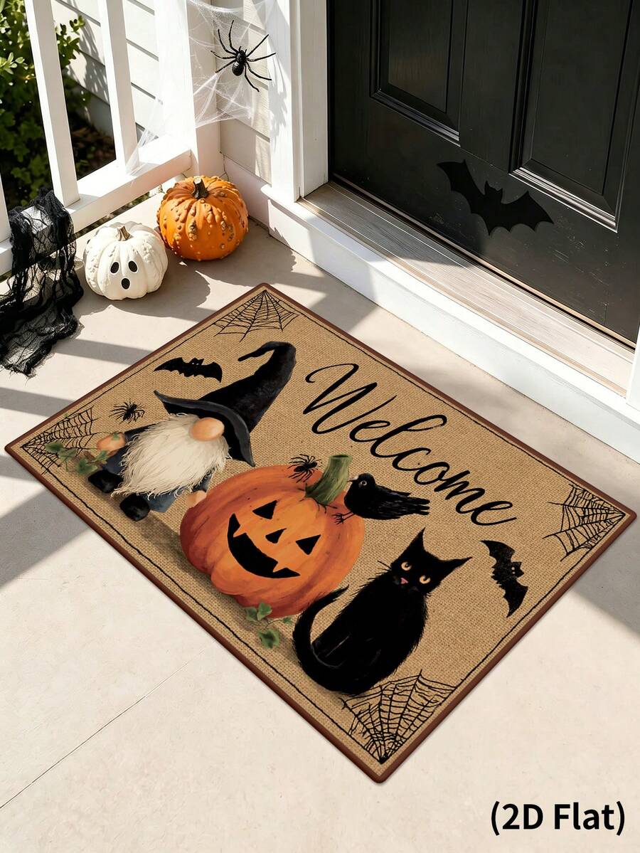1 Stück Halloween Dekoration, Halloween Fußmatte, Kürbis Spinnennetz Fledermaus Katze Gesichtslose Puppe Muster Teppich, Halloween Tür Matte, Halloween Party Zubehör, Halloween Innen- und Außenbereich Eingangstür Dekoration, Halloween Wohnzimmer, Schlafzimmer, Küche, Büro Dekoration, Raum Dekoration, Heimdekoration, Halloween Themenartikel, Weihnachten, 2027 Neujahrs Dekoration, Party Geschenke