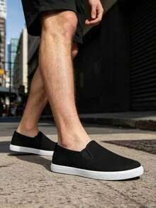 Black Canvas Slip-On Shoes, Lightweight Breathable Casual Slip-On Design, Suitable For All Seasons, Daily Commute, Outdoor Walking, Vacation - Black and White - View 15