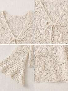 Women's Summer Bohemian Crochet Cover Up, Handmade Hollow Knit Cover-Up, Flare Sleeve & Front Tie | Festival Outfit, Beach Vacation Layering - Apricot - View 10