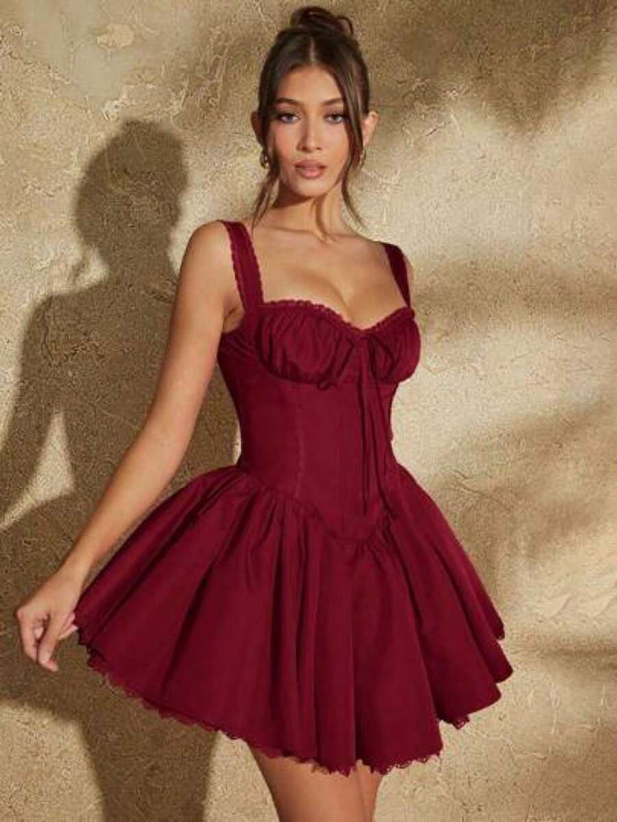 YijiaNvz Vestido mini de estilo camiseta con volantes, de parche de encaje para damas - Burdeos - Ver 1