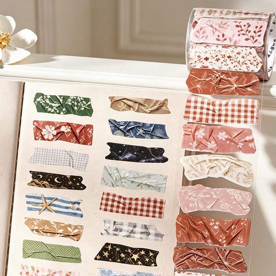 1 Roll, PET Die-Cut Tape, Plaid Floral Theme Craft Tape, Suitable For Scrapbooking, Art Journaling, Card Making And Junk Journaling - Adhesive Tape - View 1