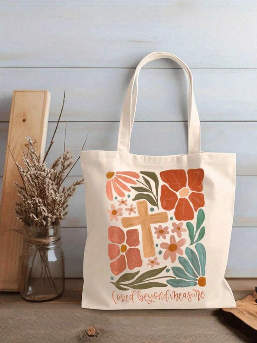 Women's Colorful Tote Bag, Inspired By Christian Theme, Large Fashion Design, Decorated With Floral And Cross Patterns, Suitable For Daily Commute - Multicolor - View 1