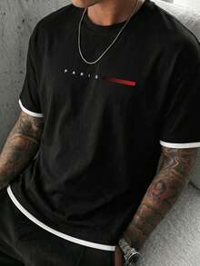 Men's Casual Everyday Simple Printed Round Neck Short Sleeve T-Shirt, Summer - Black - View 1