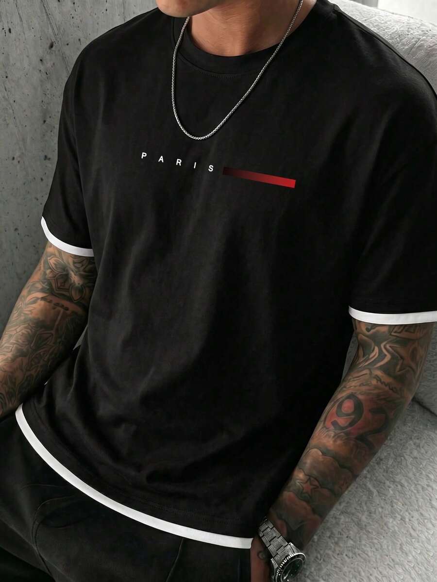 Men's Casual Everyday Simple Printed Round Neck Short Sleeve T-Shirt, Summer - Black - View 1