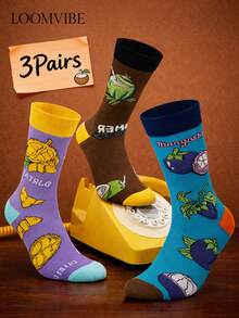 3 Pairs Unisex Tropical Durian Coconut Mangosteen Fruit Cartoon Jacquard Mid-Calf Socks, Sweat-Absorbing Odor-Resistant Anti-Slip Durable, Colorful Contrast Fresh Summer Casual Mid-Calf Socks, Suitable For Daily Commute, Summer Outfits, Fruit Lover Fun Gift - Multicolor - View 6