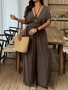 Chic Urbano.Mono Largo de Verano con Manga Murciélago, Cuello en V y Torsión, Estilo Casual de Vacaciones, Holgado, Talla Grande, Ropa de Calle Diaria, Mono de Pierna Ancha - Café integral - Ver 4