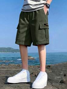 1 件装 Tween Boy 青少年休闲夏季运动户外口袋短裤，带英文字母印花，适合春秋季的时尚工作服 - 軍綠色 - 查看 3