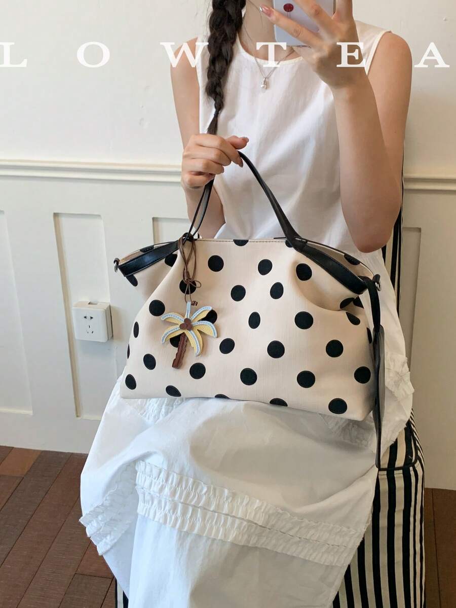 Low Tea 1件裝撞色布料托特包 女款復古時尚托特手提包 頂部雙手把設計 拉鍊開合 肩背帶 可作為單肩包、斜背包、手提包使用 適合通勤、戶外、旅行、外出 (附吊飾)
