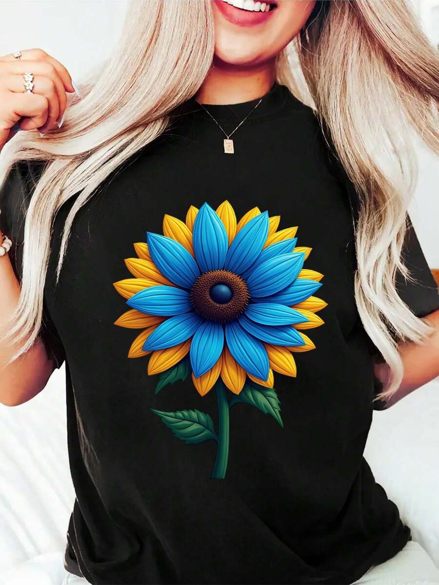 Plus Size, Women's Plus Size T-Shirt Made Of 180g Pure Fabric L-5XL - Casual Summer Blouse Compatible With Short Sleeves And Round Neck With Vibrant Sunflower Print - 黑色 - 查看 1