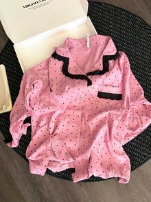 女款隨機印花波點蕾絲拼接睡衣套裝，舒適寬鬆時尚居家服 - 粉色 - 查看 6