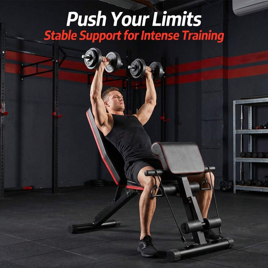 Banco de fitness multifuncional 12 en 1, banco de pesas ajustable con carga máxima de 400 kg, tapizado en cuero y espuma de alta densidad, incluye bandas de resistencia y soporte para piernas, para un entrenamiento completo del cuerpo en casa y en el gimnasio. - Banco de gimnasio multifuncional y plegable, negro. - Ver 1