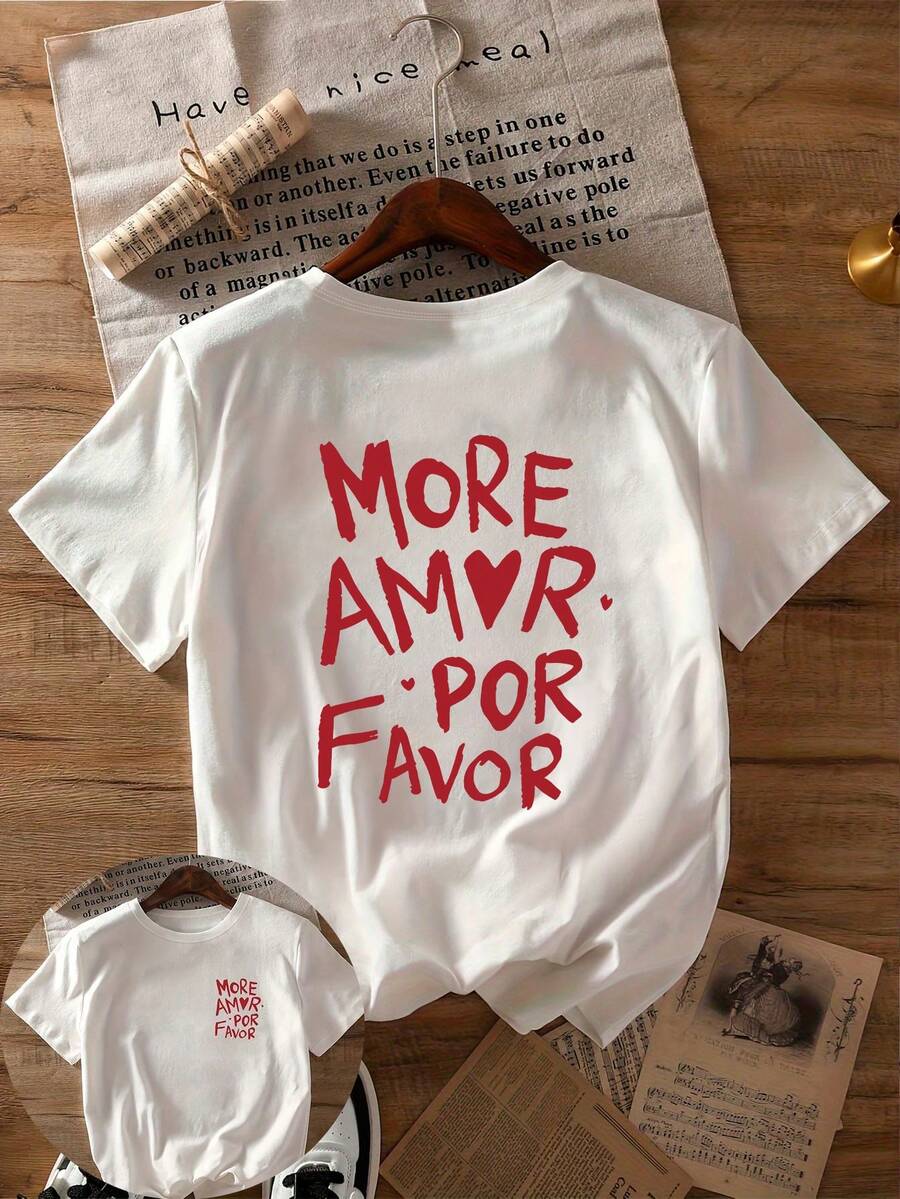 Camiseta casual de manga corta con cuello redondo y eslogan "talla grande amor por favor" para mujer de talla grande, adecuada para primavera, verano y otoño, color blanco - Blanco - Ver 1