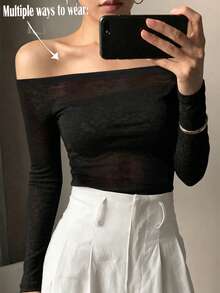 Áo croptop nữ phong cách những năm 2000, xuyên thấu, tay dài, cổ tròn, ôm sát, gợi cảm, mỏng nhẹ cho mùa hè thường ngày - màu đen - Xem 4