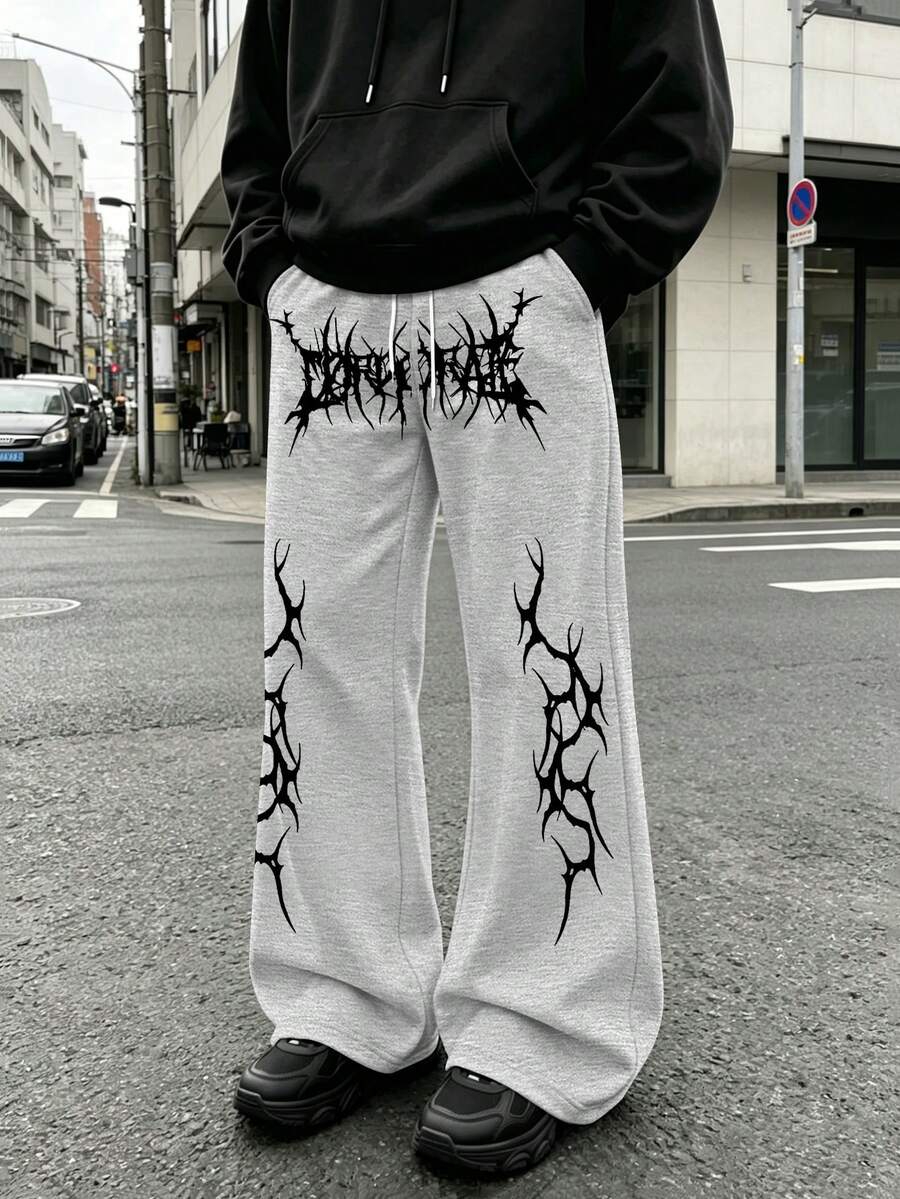 Men's Light Gray Casual Abstract Spiky Black Pattern Elastic Drawstring Flare Pants - Grey - View 1