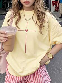 Women's Casual Short-Sleeved Crew Neck T-Shirt - Printed Pattern, Soft And Comfortable Fabric, Machine Washable, Pink Summer Top - Yellow - View 1