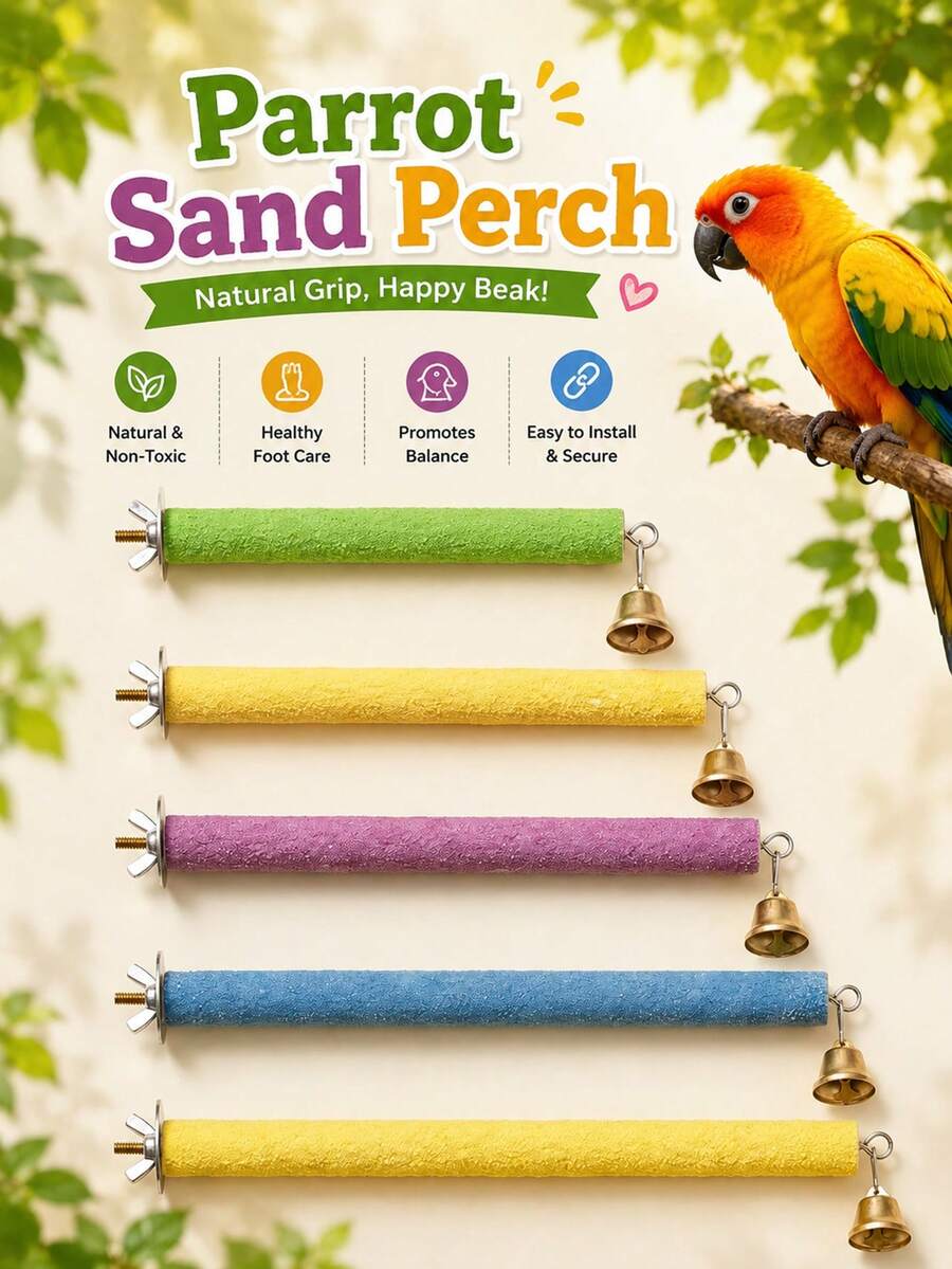 Parrot Colorful Frosted Perch With Bell, Multiple Sizes, Easy Installation, Claw Care, Anti-Slip Perch For Small And Medium Parrot Cages, Foot And Claw Care Training Supplies, Random Color - View 1