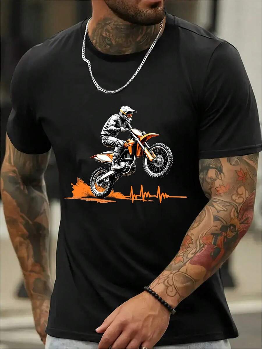 Cotton Blend, Men's T-Shirt, Summer, Men's Sports T-Shirt, Micro-Stretch Knitted Fabric, Printed T-Shirt, Regular Fit, Micro-Stretch Clothing, Patterned T-Shirt, Casual Style, Summer T-Shirt - Black - View 1